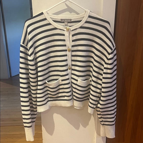 J. Crew navy and White Striped cardigan Sweater size large - Picture 1 of 10